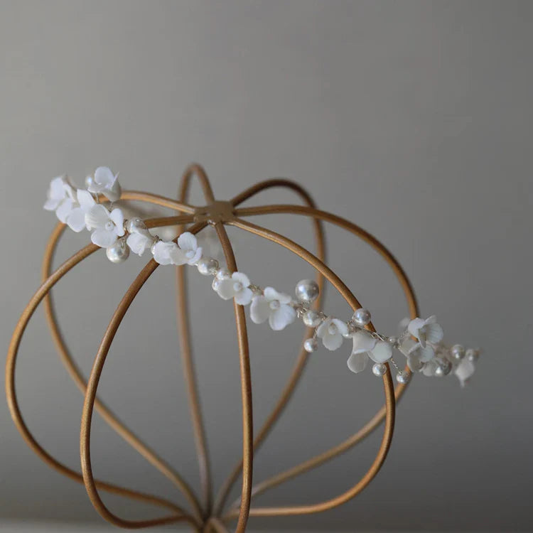 Porcelain Flower Headband Hairband Pearl Headpiece For Brides Women Headdress Headwear Wedding Hair Accessories Bridal Jewelry silver color
