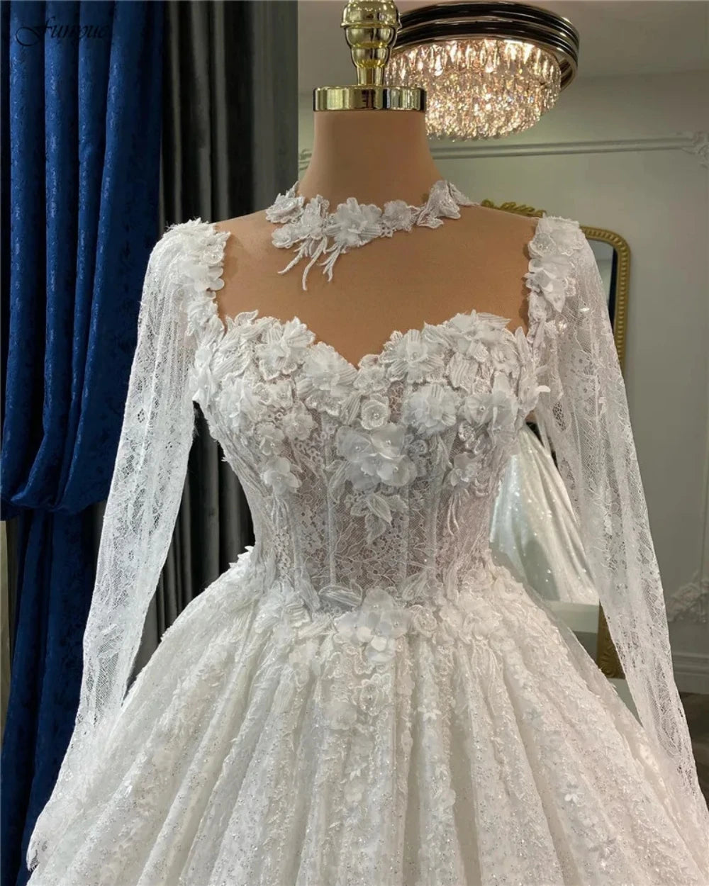 Luxury Bridal Ball Gown Wedding Dress Sweetheart Flowers Lace Glitter Sequins Long Sleeves Bride Dress Vestidos De Novia