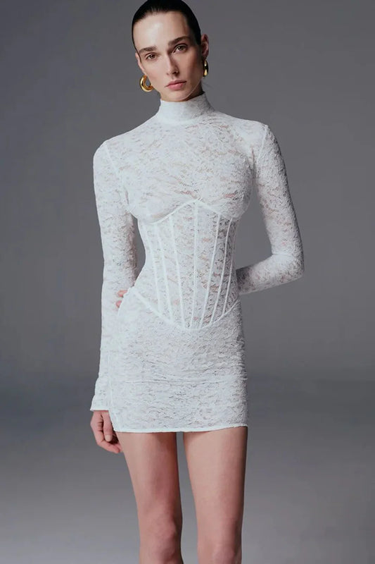 Spring Women Long Sleeve Sexy Lace Bodycon Mini Dress Elegant Evening Party Runway Fashion Birthday Cocktail Outfit WHITE