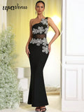 Sexy Women's Light Luxury Flower Set Diamond Design Bandage Dress One Shoulder Sleeveless Bodycon Patchwork Long Dresses