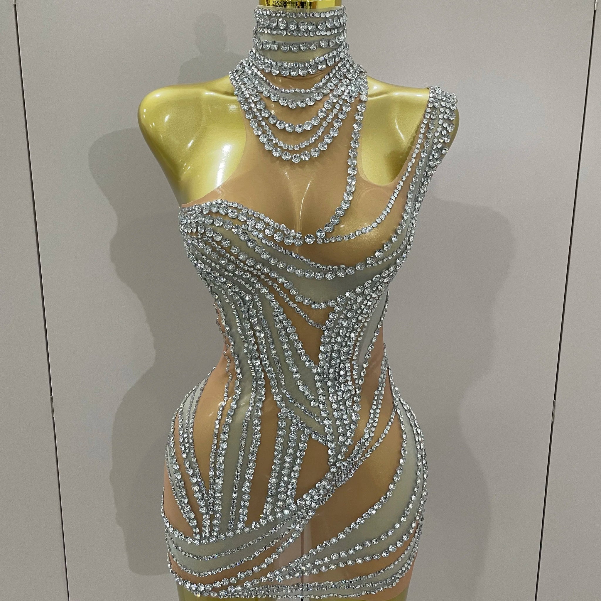 Luxury Sparkly Crystals See Through Mini Dress Women Celebrate Birthday Party Gowns Singer Performance Stretch Stage Costume Silver