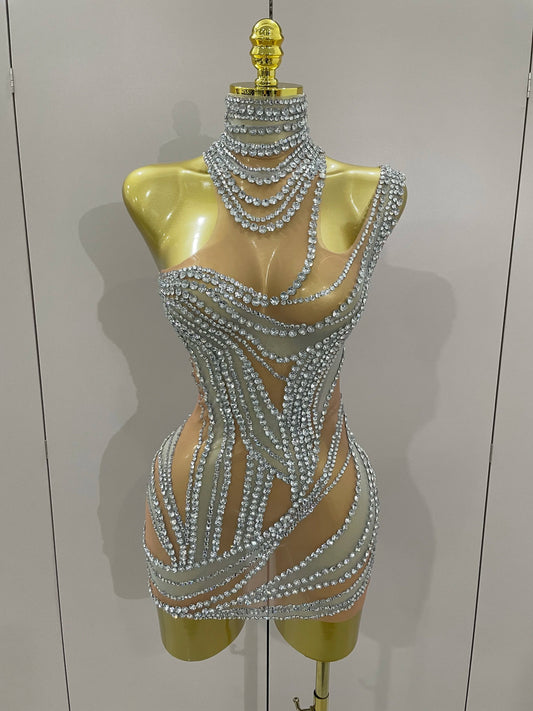 Luxury Sparkly Crystals See Through Mini Dress Women Celebrate Birthday Party Gowns Singer Performance Stretch Stage Costume Silver