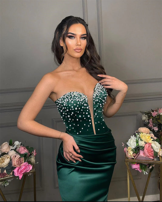 Handmade Pearl Satin Robes De Soirée Sexy Dark Green Mermaid Prom Dresses Elegant Strapless Floor-length Wedding Dress