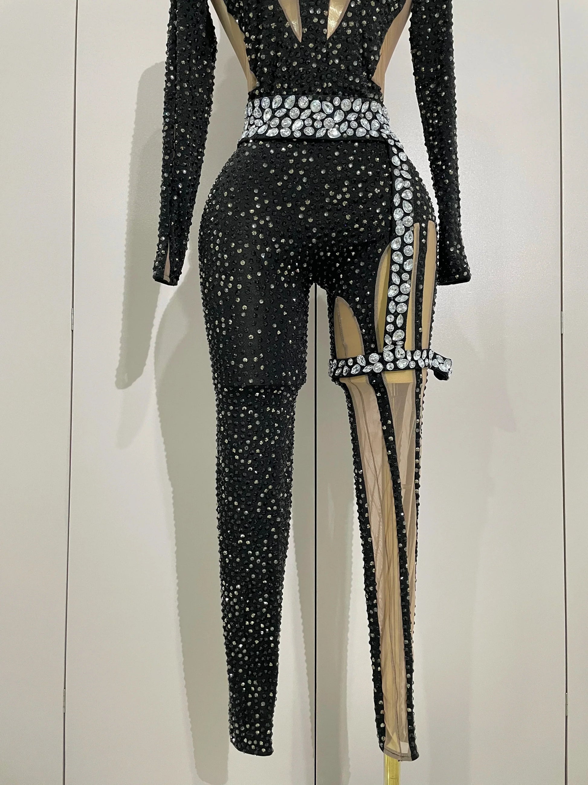 Sexy Sparkly Full Diamond Black Perspective Waist Cinching Asymmetrical Mesh Jumpsuit Birthday Party Nightclub Stage Costume
