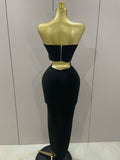 Sexy Strapless Flower Diamonds Black Maxi Long Bandage Two Piece Set Women Knitted Elegant Evening Club Party Prom Gowns