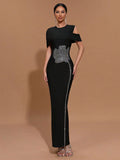 Elegant Women Light Luxury Hot Diamond Flower Design Bandage Dress O-Neck Shoulder Bodycon Long Dress Evening Party Vestido black