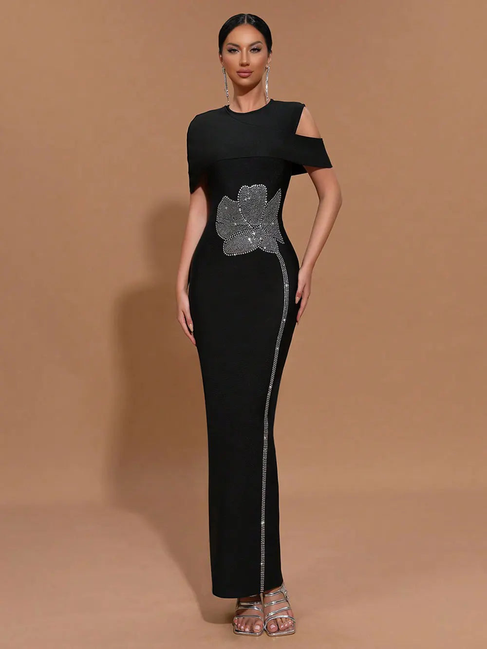 Elegant Women Light Luxury Hot Diamond Flower Design Bandage Dress O-Neck Shoulder Bodycon Long Dress Evening Party Vestido black
