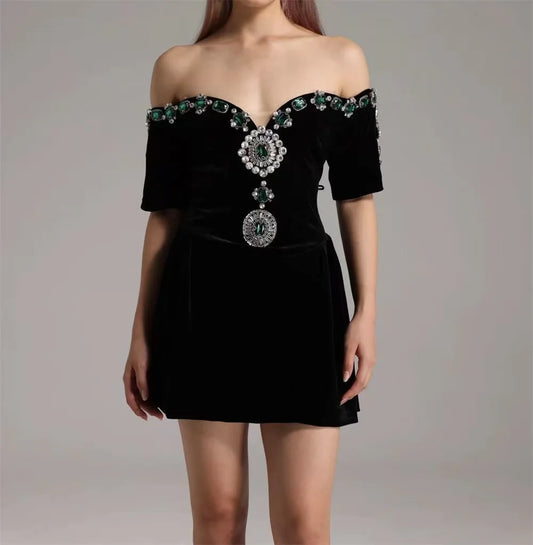 Spring Women Sexy Strapless Half Sleeve Shinning Rhinestones Bodycon Mini Velvet Dress Celebrate Birthday Cocktail Dress black