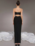 Sexy Women Nail Diamond Flower Design Bandage Long Dress Set Strapless Sleeveless Diamond Set Tank Top+Skirt Two Piece Set
