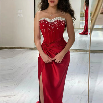 Mermaid Satin Prom Dresses Pleated Crystal Side Slit Sleeveless Evening Gown Formal Women Occasion Party Dresses