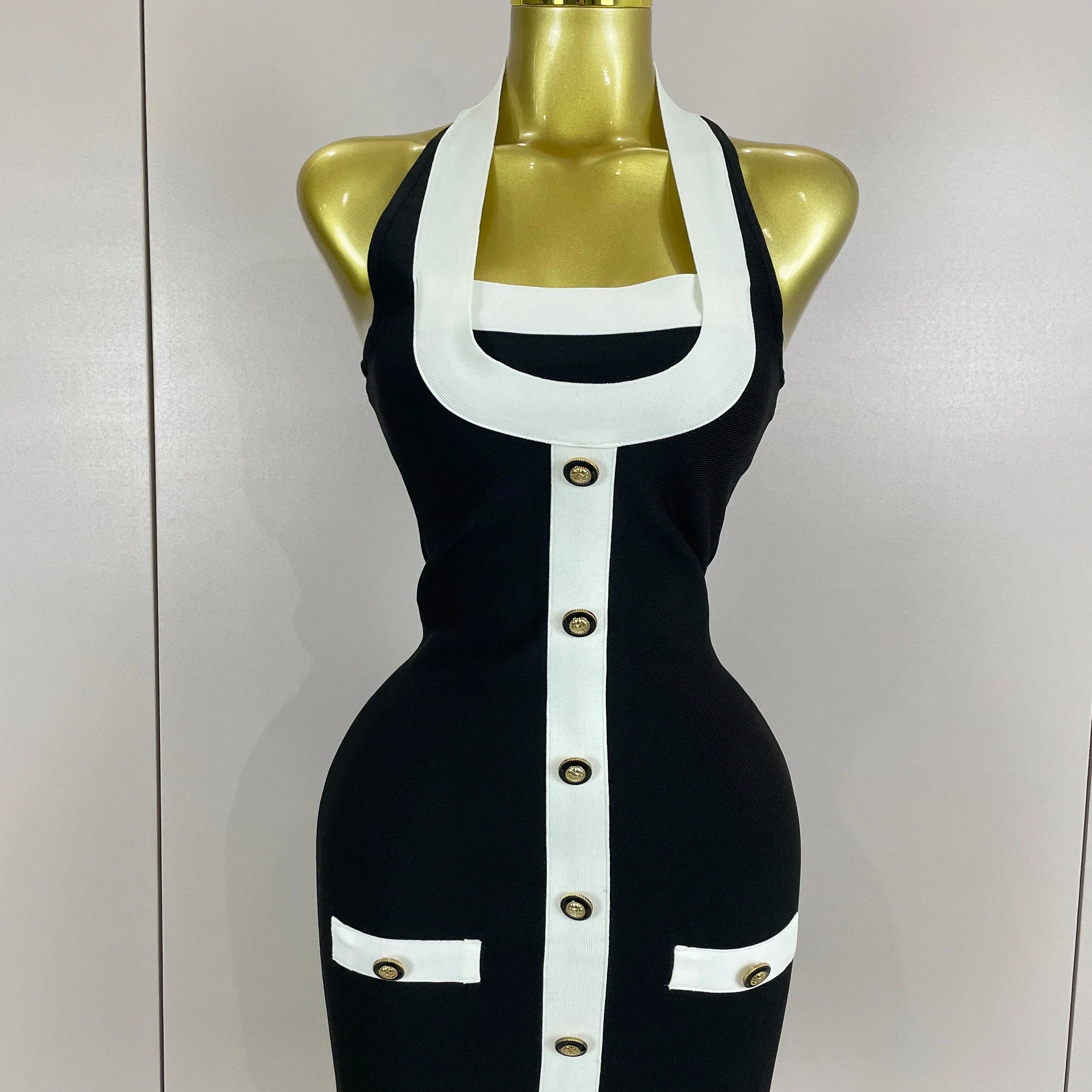 Sexy Backless Halter Button Bodycon Black Mini Bandage Dress Women Celebrity Elegant Evening Club Party Outfit black