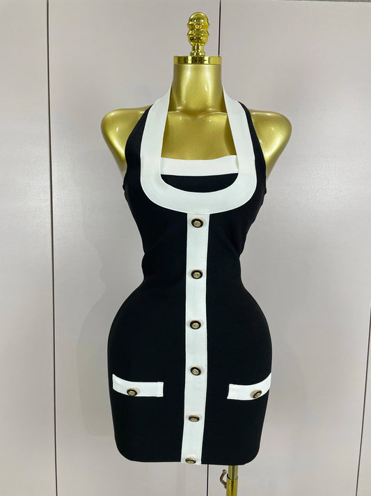 Sexy Backless Halter Button Bodycon Black Mini Bandage Dress Women Celebrity Elegant Evening Club Party Outfit black