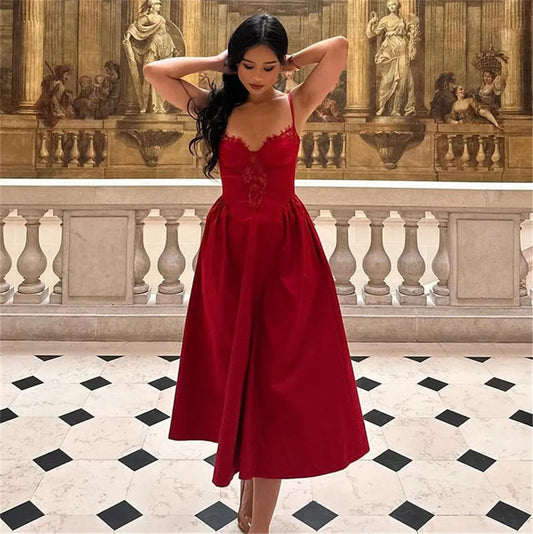 Fashion Red A-Line Prom Dress Sweetheart Spaghetti Strap Pleat Ruched Tea Length Lace Evening Dress robes de soirée Red