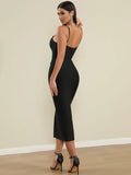 Sexy Women'S Bandage Dress Spaghetti Strap Sleeveless Rhinestone Button Design Bodycon Backless Split Midi Dresses Vestidos