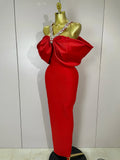 Luxury Rhinestone Chain Red Off Shoulder Vintage Butterfly Chic Bodycon Long Dress Elegant Evening Party Birtyday Clothing