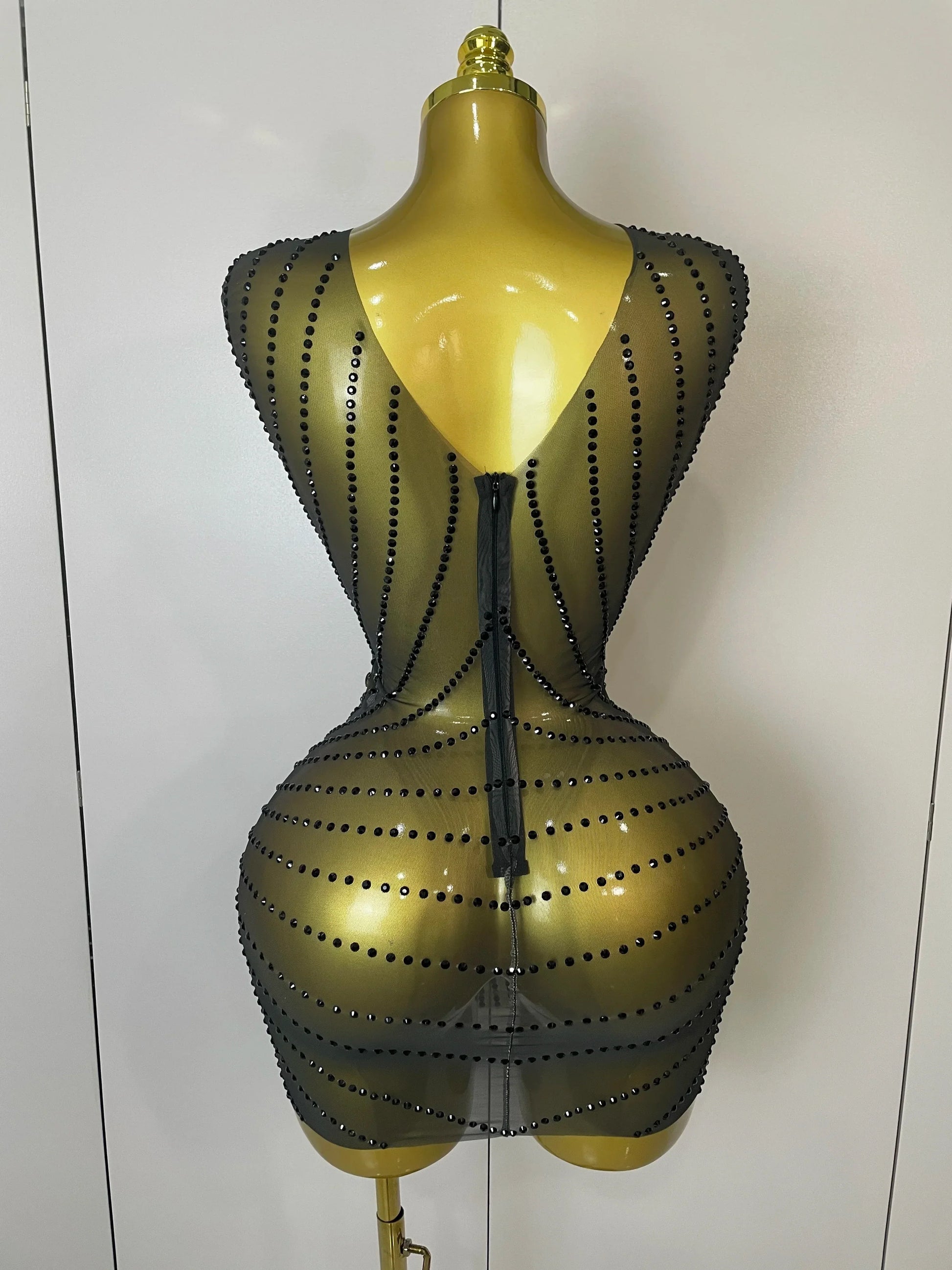 Sparkly Gold Rhinestone Transparent Sleeveless Mini Dress Evening Birthday Celebrate Party Nightclub Performance Costume
