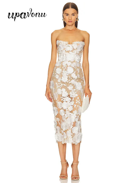 Sexy Women's Wear Heavy Industry Sequin Sheer Dress Strapless Sleeveless Bodycon Midi Dress Cocktail Evening Party Vestidos