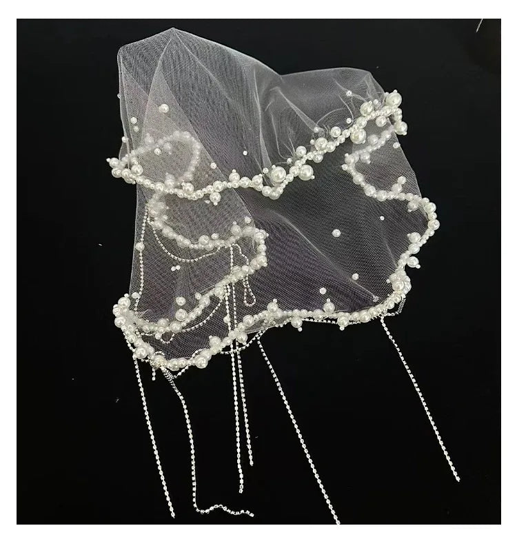 Short Wedding Veils Flower Pearl Bridal Veil For Evening Party Dress Women Girl Hair Accessories Brides Jewelry a