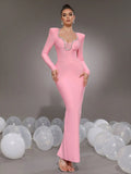 Elegant Women's Light Luxury Nail Diamond Design Bandage Dress U Neck Long Sleeve Bodycon Long Dress Evening Party Vestidos Pink