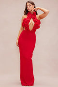 Red Color Women Sexy Halter Florals Keyhole Bodycon Long Bandage Dress Laced-up Backless Nightclub Party Celebrate Wear