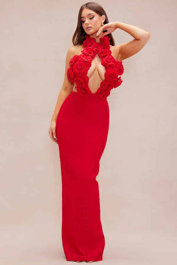 Red Color Women Sexy Halter Florals Keyhole Bodycon Long Bandage Dress Laced-up Backless Nightclub Party Celebrate Wear