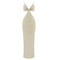 Women Sleeveless Sexy V-Neck Bodycon Mid-calf Dress Bandage Fashion Celebrate Birthday Party Dress High Quality Khaki