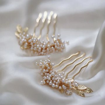 Bridal Jewelry Pearl Hairpin Gold Color Head Piece Bride Party Dinner Dress Handmade Leaf Hair Comb Pin Clip Wedding Accessories a