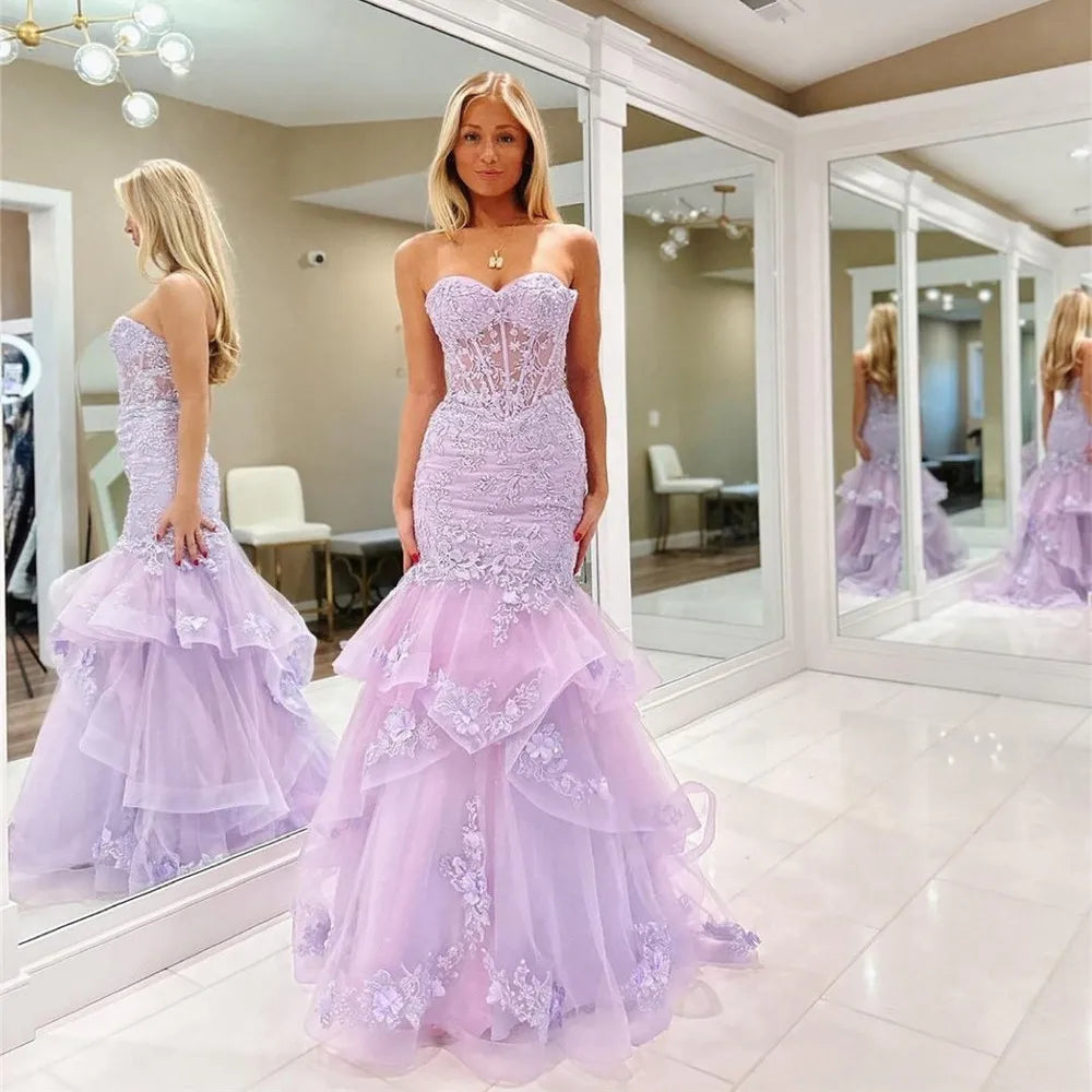 Elegant Lavender Tulle Prom Dress Mermaid Sweetheart Lace Tiered Ruffles Formal Evening Dress Floor Length Party Gown Lavender