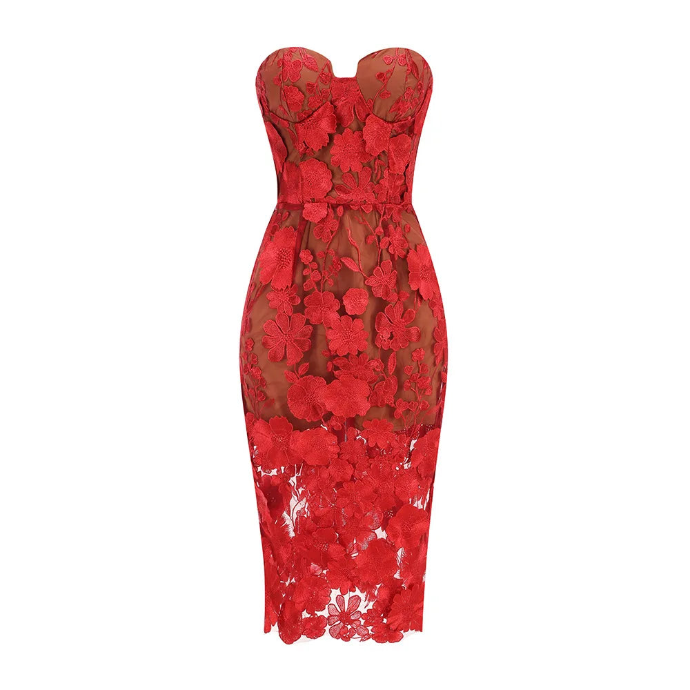 Red White Color Women Sexy Strapless Embroidery Bodycon Midi Dress Celebrate Nightclub Party Evening Birthday Dress Wholesale Red
