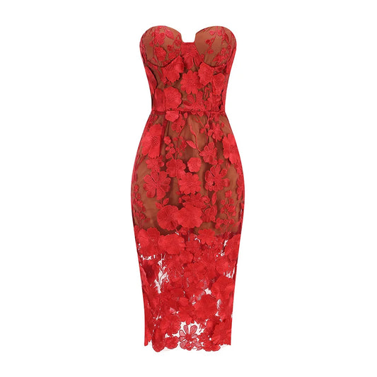 Red White Color Women Sexy Strapless Embroidery Bodycon Midi Dress Celebrate Nightclub Party Evening Birthday Dress Wholesale Red