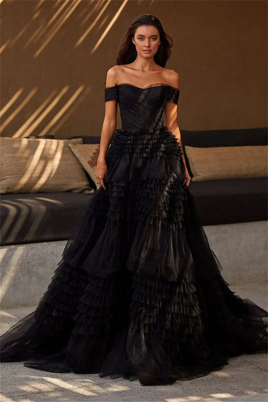 Sexy Off Shoulder Prom Dress Black Multilayer فستان حفلات الزفاف Luxury Ball Gown Tulle Puffy Robes De Soirée