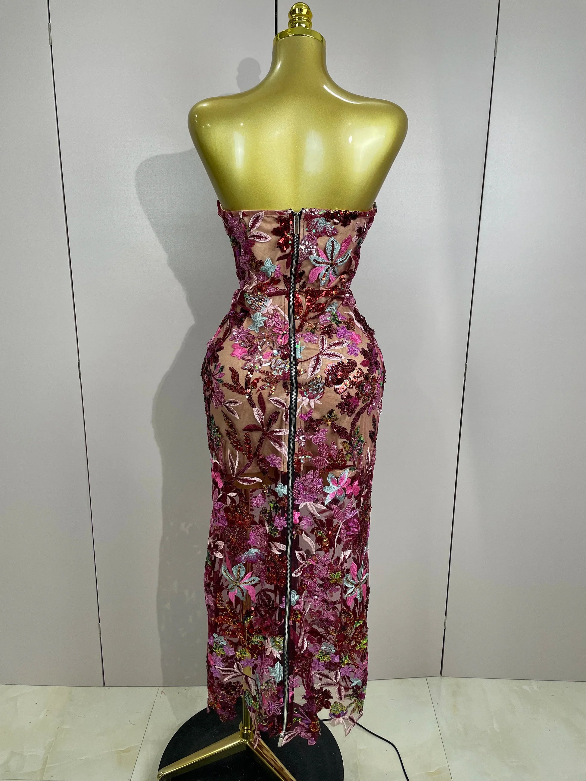 Sexy Strapless Floral Sequin Long Dress Women Sequins Flower Backless Long Slim Dress Evening Party Runway Gown Dress