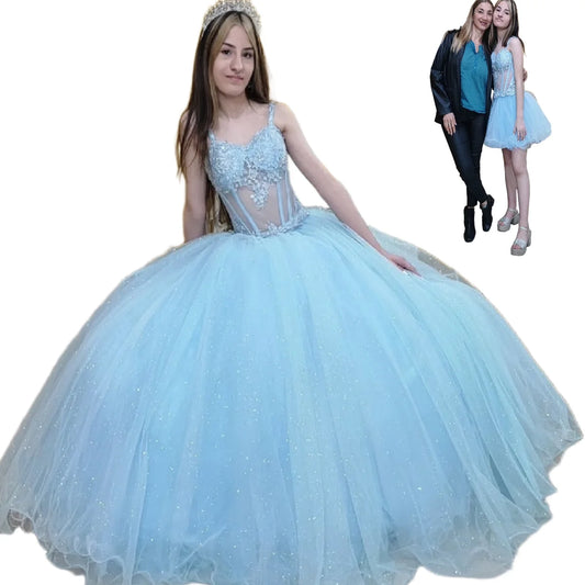 Shiny Light Blue Quinceanera Dresses 2025 Princess Spaghetti Straps Lace A Line Prom Dress Birthday Sweet 16 Party Customized Red
