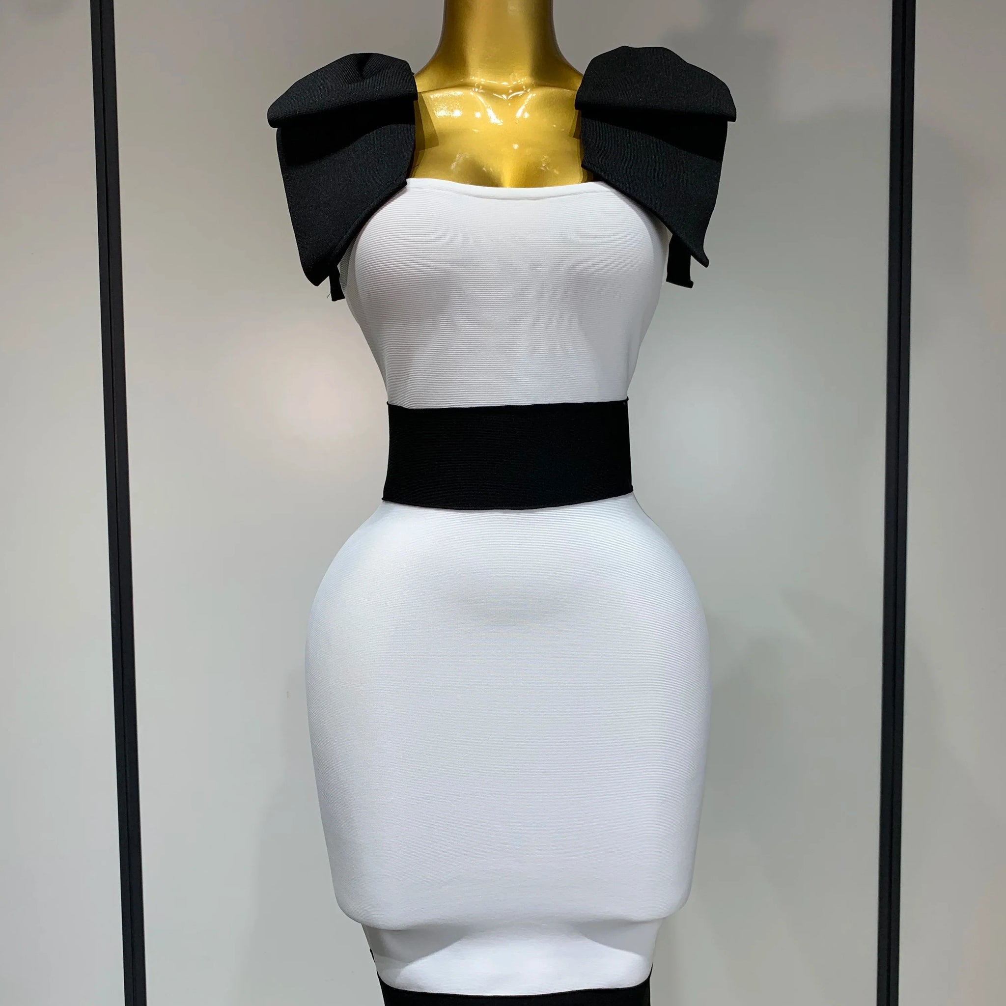 Women Sexy Bow Tie Black White Patchwork Bodycon Bandage Dress Celebrity Elegant Evening Club Party Birthday Dresses WHITE