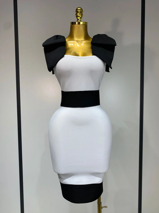 Women Sexy Bow Tie Black White Patchwork Bodycon Bandage Dress Celebrity Elegant Evening Club Party Birthday Dresses WHITE