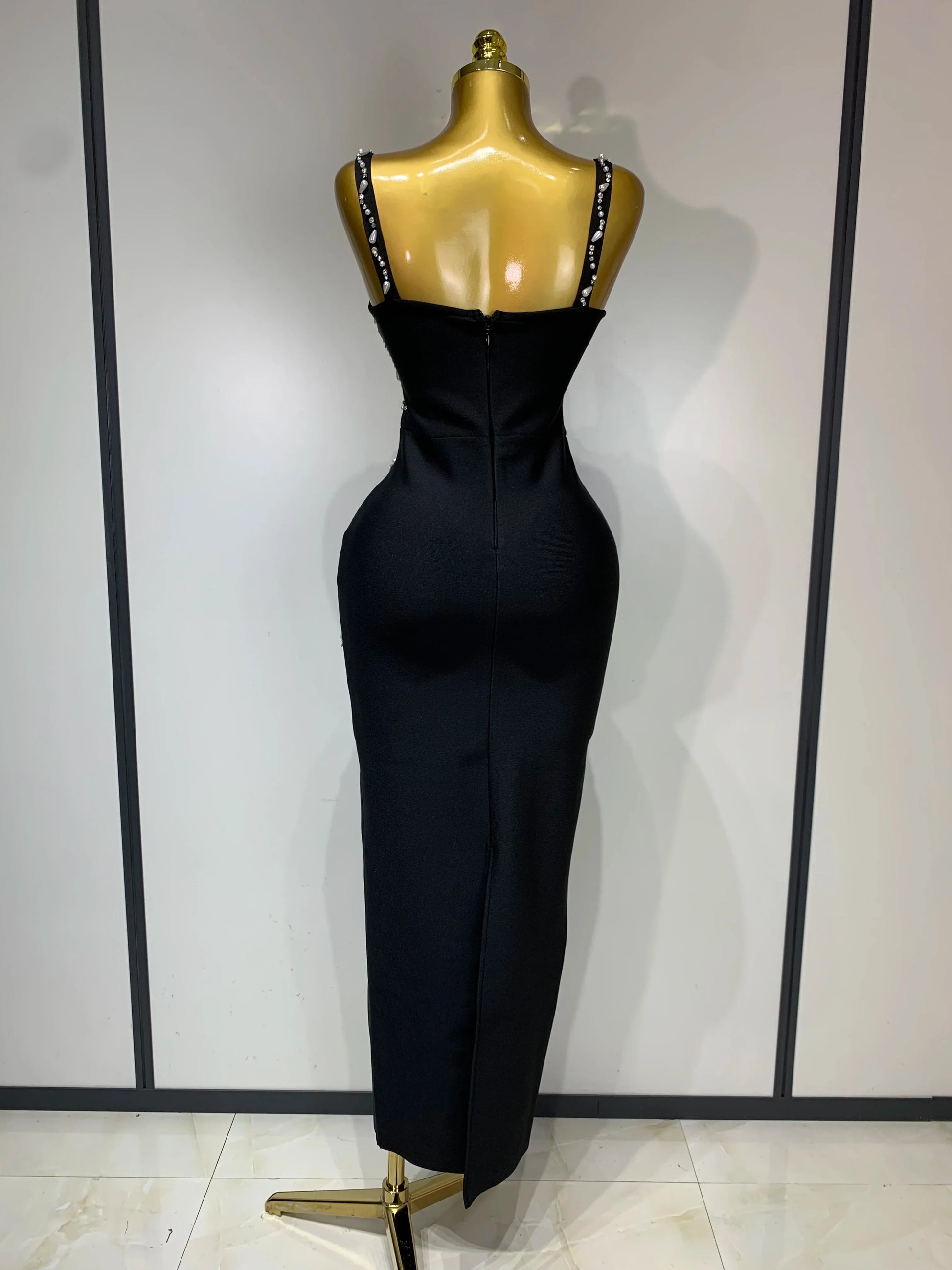 Women Sexy V Neck Black Beading Maxi Long Bodycon Bandage Dress Celebrity Elegant Evening Club Party Luxury Birthday Dress