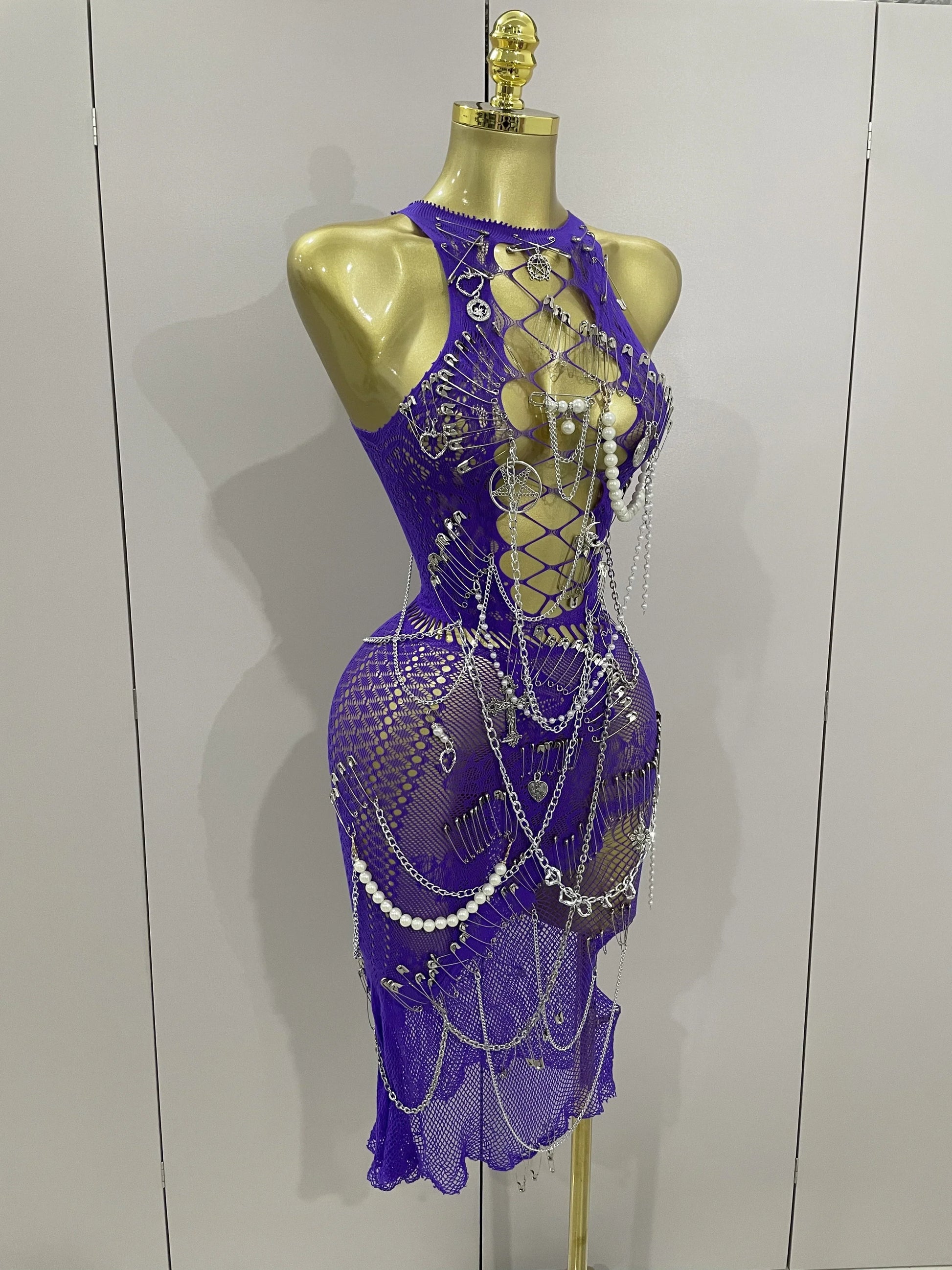 Sexy Black See-Through Pin Decoration Chain Beading Short Dress Women Birthday Evening Party Nightclub Performance Costume