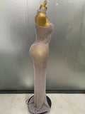 Luxurious Full Rhinestones Mesh Transparent long dress Women Birthday Celebrate Evening Prom Dress party Club Stage Costume