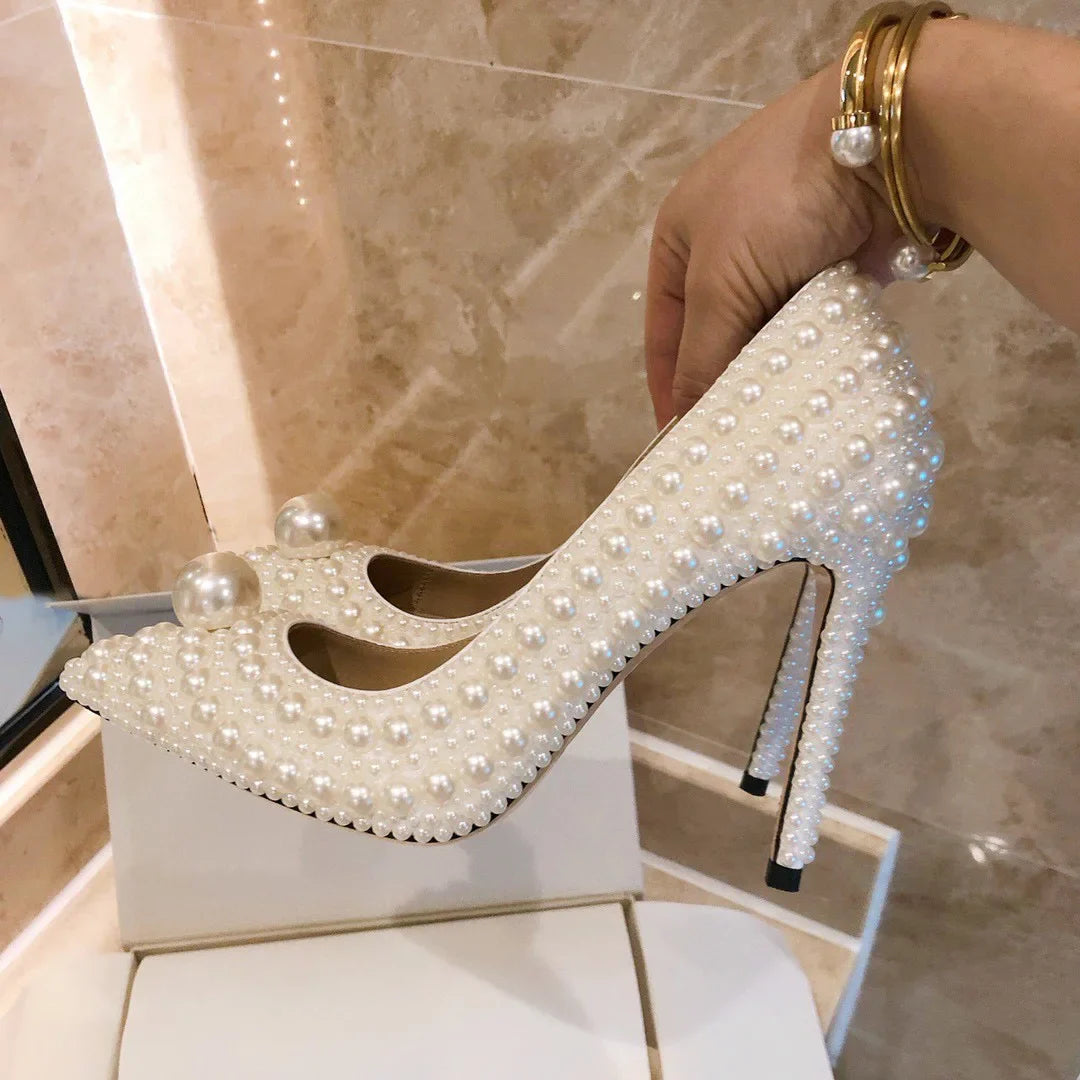 Luxury All perals Decoration White Women Pumps Fashion Spring Autumn Elegant 11CM Thin High heels Wedding Bridal Prom Shoes