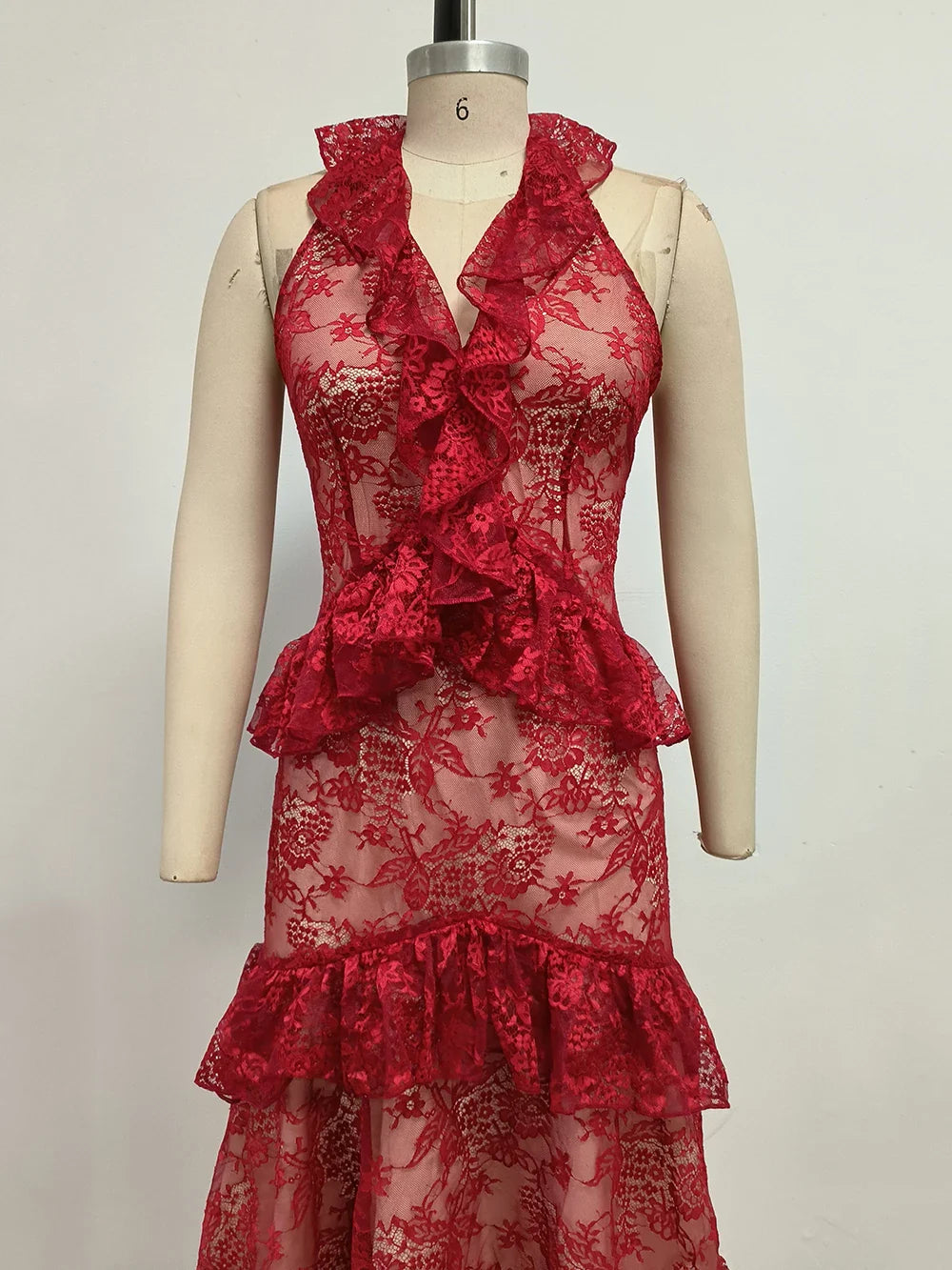 Sexy Lace Midi Halter Dress Women Red Ruffle Backless Sleeveless Party Dresses Summer Lady Vacation Robes New