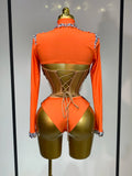 Sparkly Rhinestone Stage Outfit Women Long Sleeve Three Piece Set Dance Drag Queen Nightclub Evening Party Birthday Costume