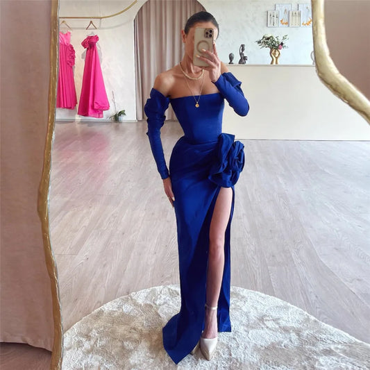 Fashion Saudi Arabia Prom Dresses Off The Shoulder Mermaid 3D Flower Side Slit Formal Evening Dresses Women Party Gown As Picture