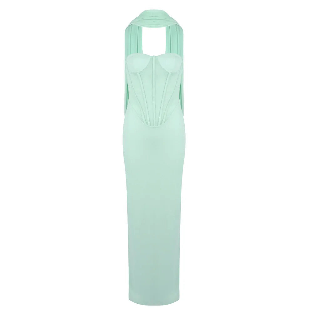 Elegant Strapless Scarf Tight Long Dress For Women'S Sexy Backless Sleeveless Vestidos Celebrity Evening Party Gowns Mint
