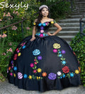 Customized Black Mexican Quinceanera Dresses Off Shoulders Embroidery Debutante Vestido De 15 Xv Años Satin Ball Gown Birthday