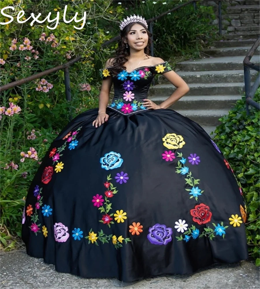 Customized Black Mexican Quinceanera Dresses Off Shoulders Embroidery Debutante Vestido De 15 Xv Años Satin Ball Gown Birthday