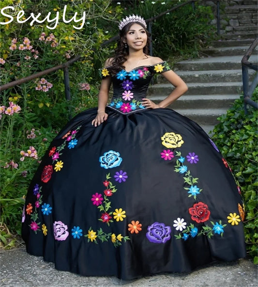 Customized Black Mexican Quinceanera Dresses Off Shoulders Embroidery Debutante Vestido De 15 Xv Años Satin Ball Gown Birthday