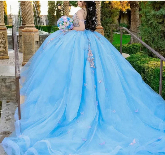 Light Blue Quinceanera Dresses Off-Shoulder Flower Beading Lace Appliques Vestidos De 15 Anos Formal Birthday Party