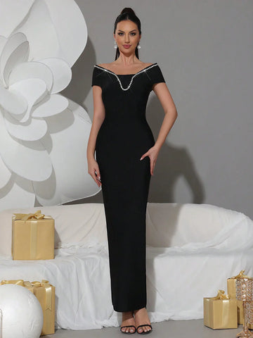 Sexy Off Shoulder Diamond Tight Bandage Maxi Long Dress Women's Short Sleeve Elegant Celebrity Evening Party Gowns