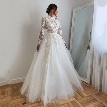 Elegant Vintage High Neck Tulle Wedding Dresses 3D Appliques Lace A Line Princess Long Sleeve Bridal Gown Robe Vestido De Novia As Picture