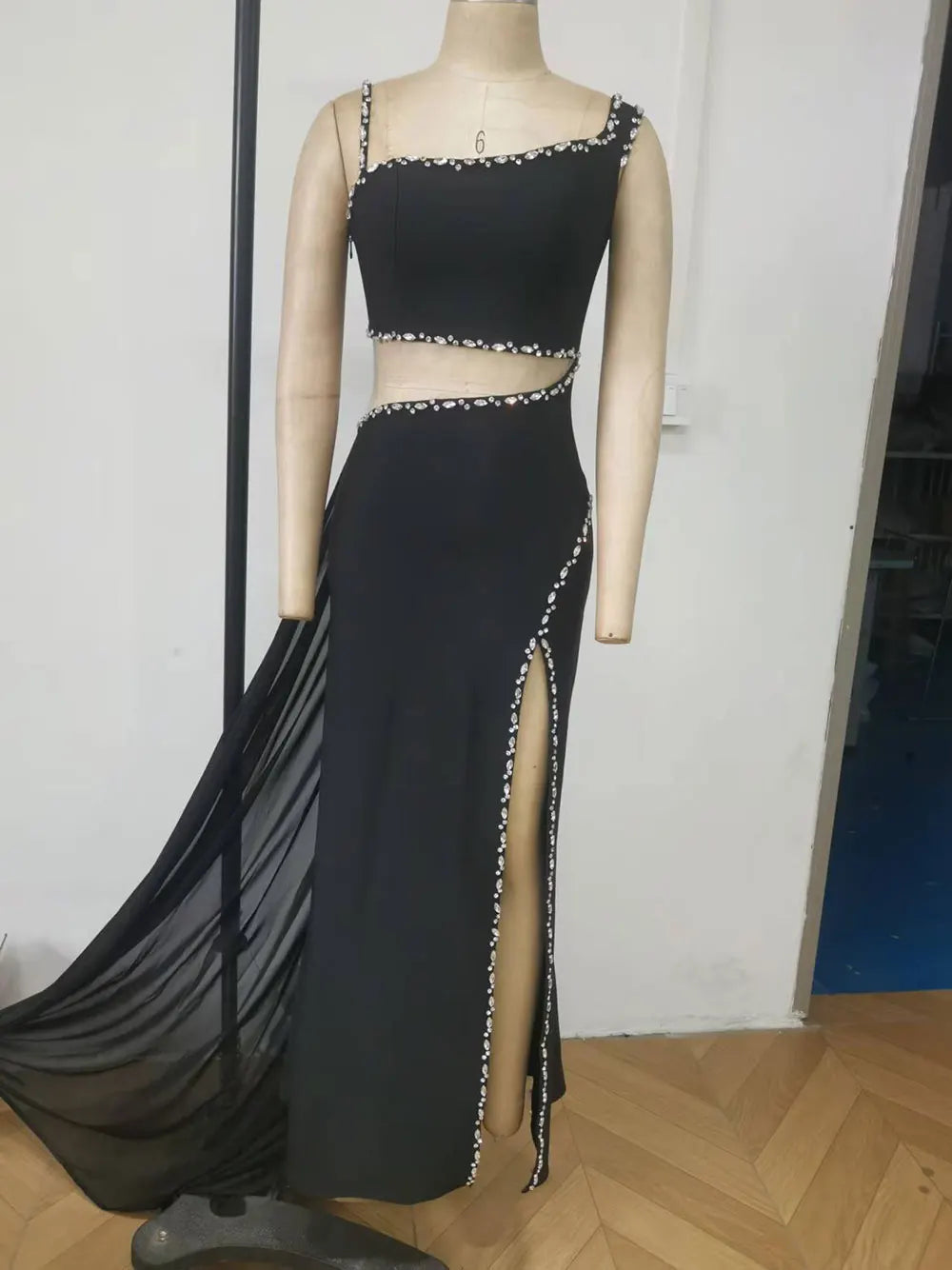 Sexy Women's Light Luxury Water Diamond Waist Long Bandage Dress Sleeveless Bodycon Maxi Dress Evening Club Party Vestidos black